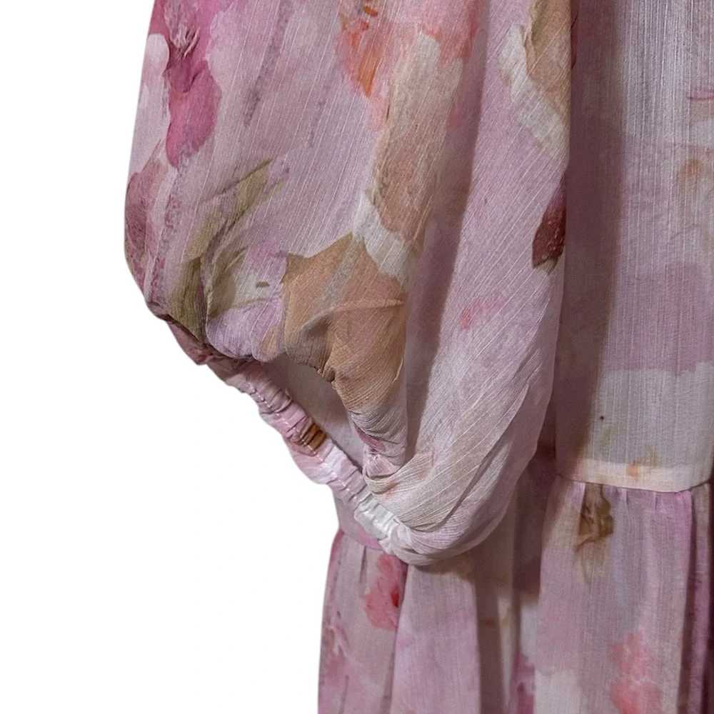 MELLODAY pink floral short sleeved sheer tiered dress shell size Medium